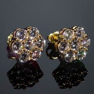 Mens 14k Gold Plated Sterling Silver Iced Flower Stud Cz Screw Back Earrings